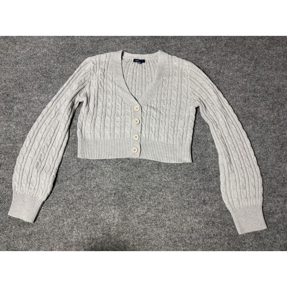 UK2LA Cropped Sweater Womens Medium Gray Long Sleeve Button Up Knit Acrylic